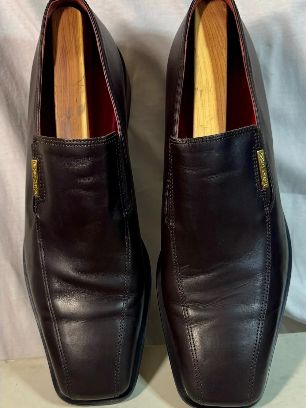 Versace Classic Men's Dark Brown Leather Slip-Ons with Gold Plaque